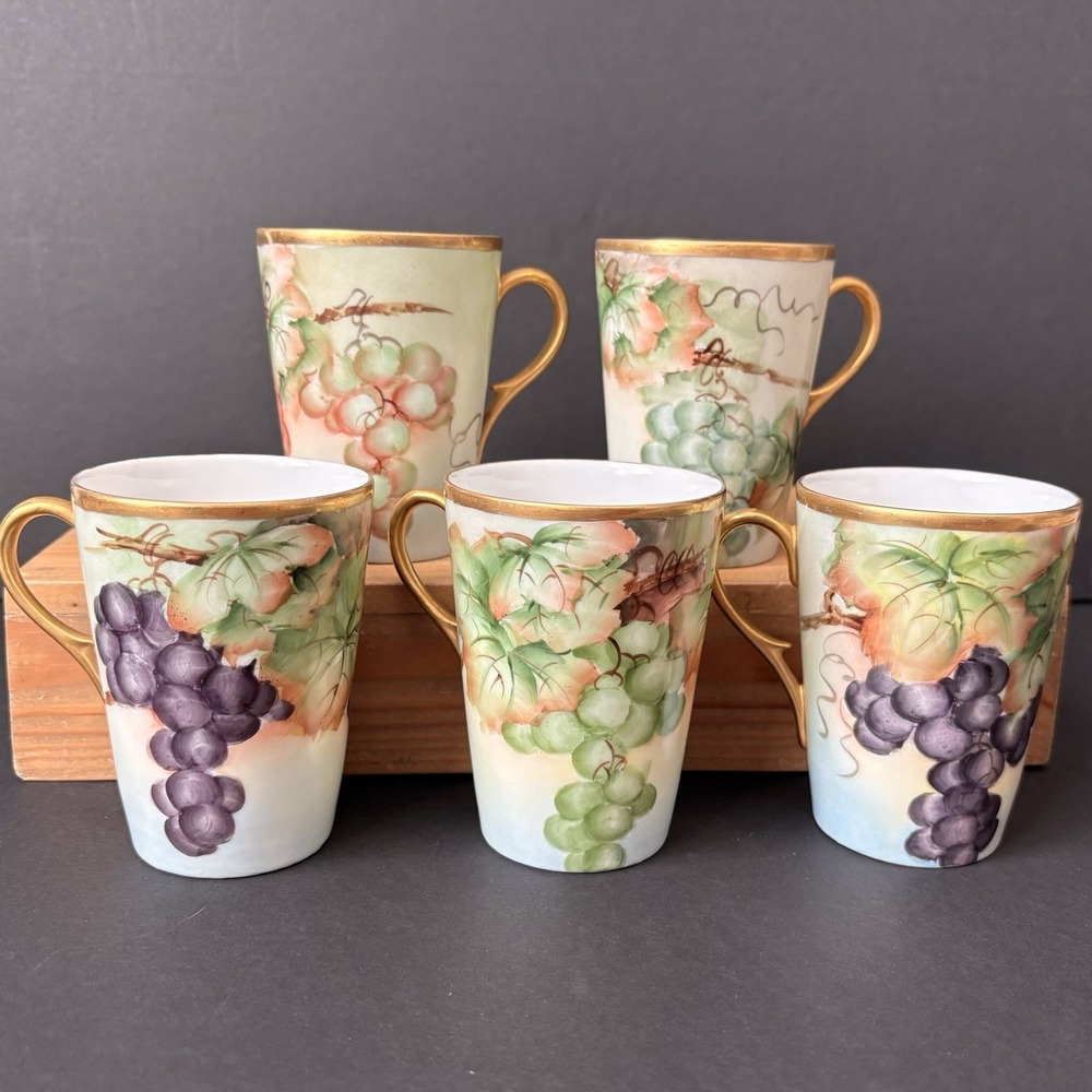 WG & Co Limoges France Set of 5 Mugs Hand Painted Cup 8 oz Grapes Vintage